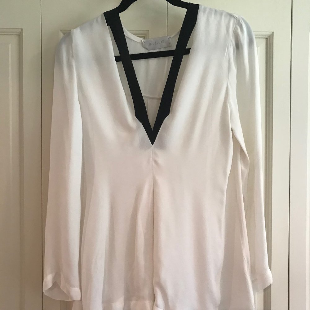 ALC White Chiffon Long Sleeve with Black V Trim